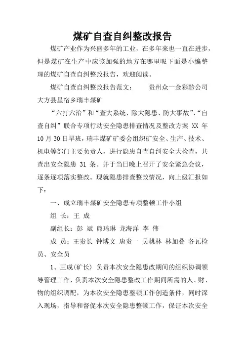 煤矿自查自纠整改报告