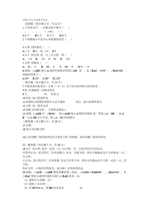 领跑中考九年级数学答案