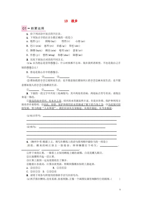 九年级语文下册 第四单元 13 故乡练习 (新版)语文版