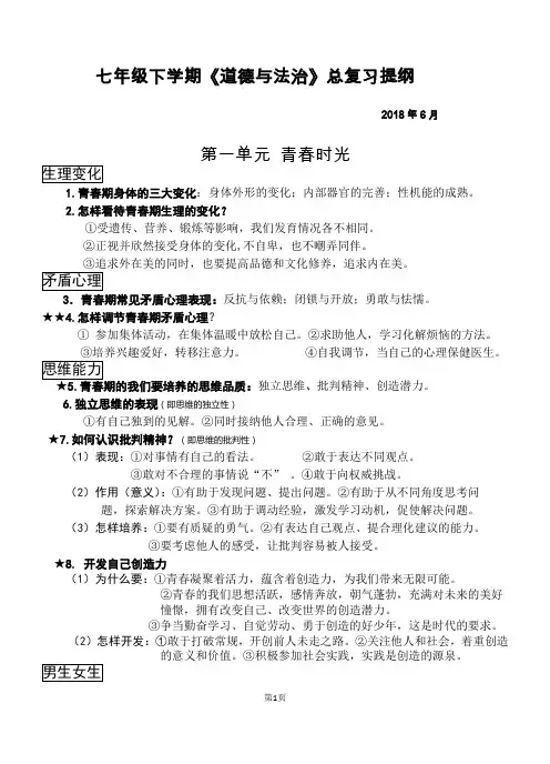 人教版《道德与法治》七年级下册期末复习提纲