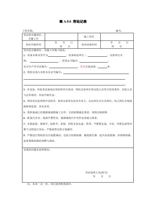 塔吊(塔机)安装监理旁站记录(范本)