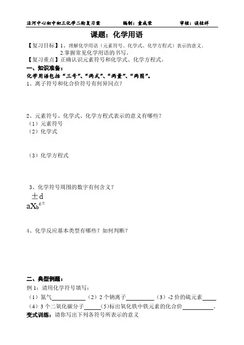 中考化学专题复习学案：化学用语