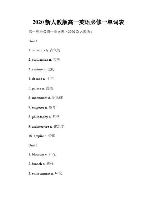 2020新人教版高一英语必修一单词表