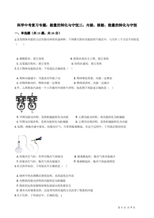 2021年科学中考复习专题：能量的转化与守恒三：内能、核能、能量的转化与守恒