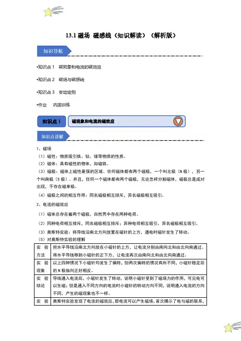 13.1磁场 磁感线(知识解读)(教师版) 2024-2025学年高中物理同步(人教版必修第三册)