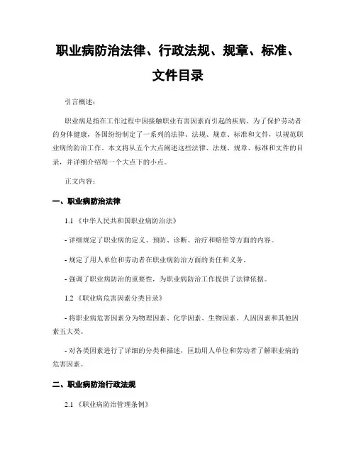 职业病防治法律、行政法规、规章、标准、文件目录