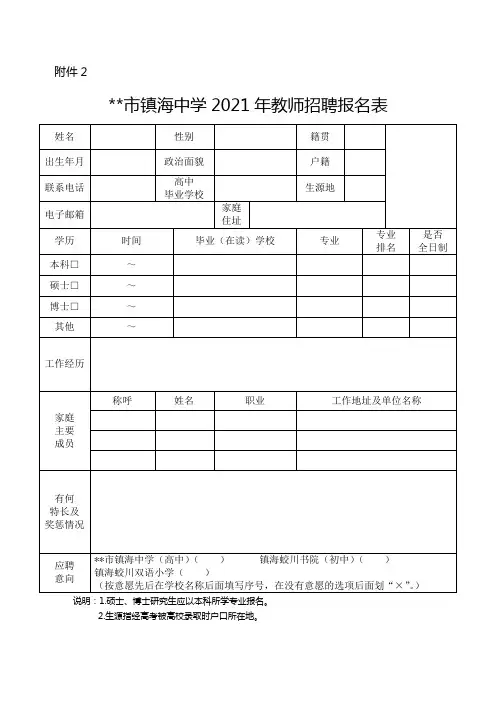 宁波市镇海中学2021年教师招聘报名表【模板】