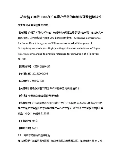 超级稻Y两优900在广东高产示范的种植表现及栽培技术