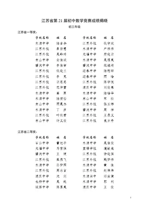 江苏省第21届初中数学竞赛成绩揭晓.