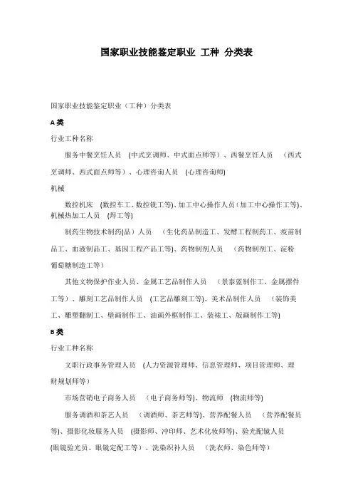国家职业技能鉴定职业 工种 分类表