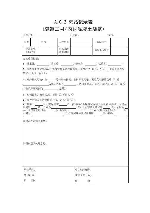 隧道二衬内衬混凝土浇筑旁站记录