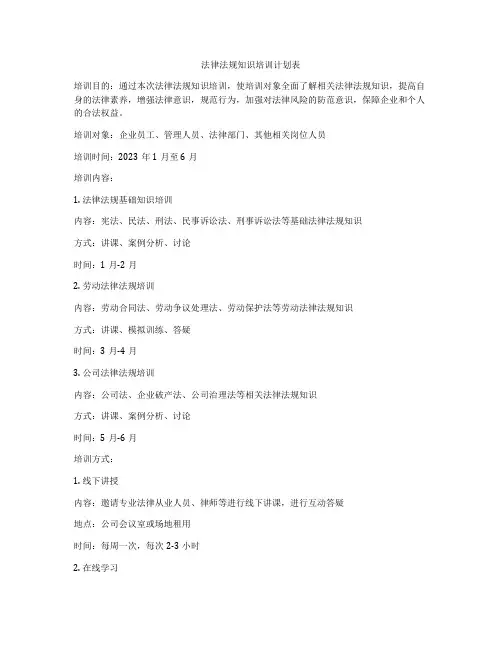 法律法规知识培训计划表