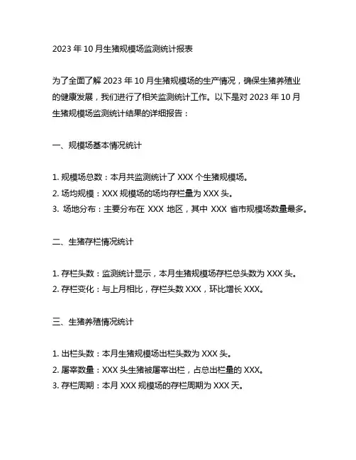 2023年10月生猪规模场监测统计报表