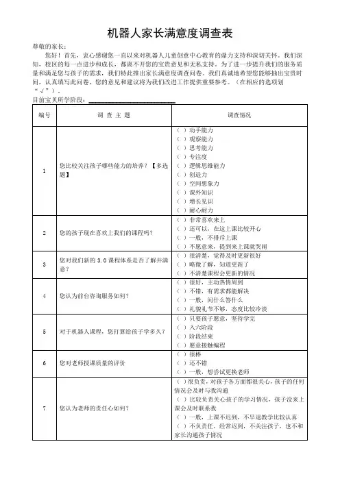 机器人家长满意度调查表模板(可修改)