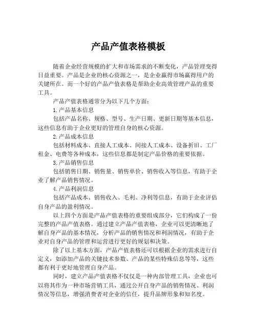 产品产值表格模板