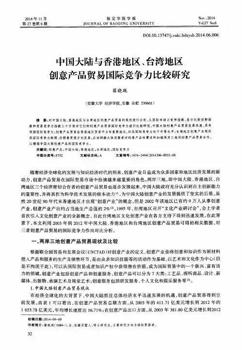 中国大陆与香港地区、台湾地区创意产品贸易国际竞争力比较研究