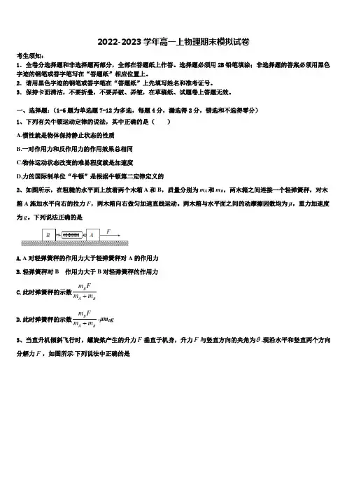 2023届山东省济宁市任城区高一物理第一学期期末学业质量监测试题含解析