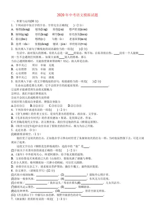 2020年中考语文模拟试题及答案