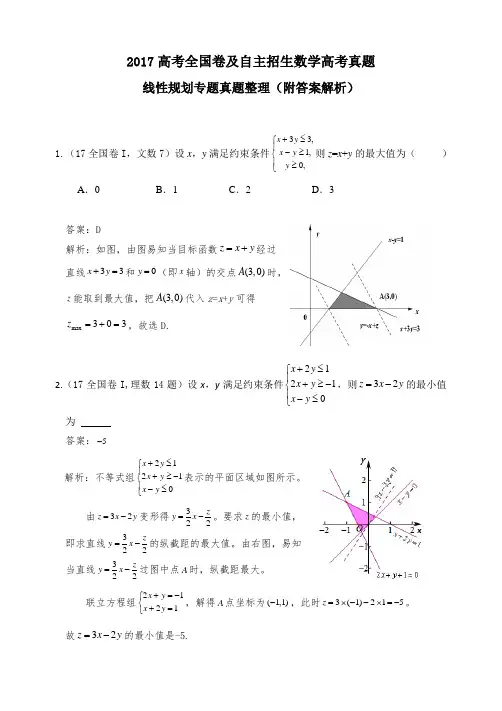 2017高考全国卷及各省数学线性规划真题整理-免费(附答案)