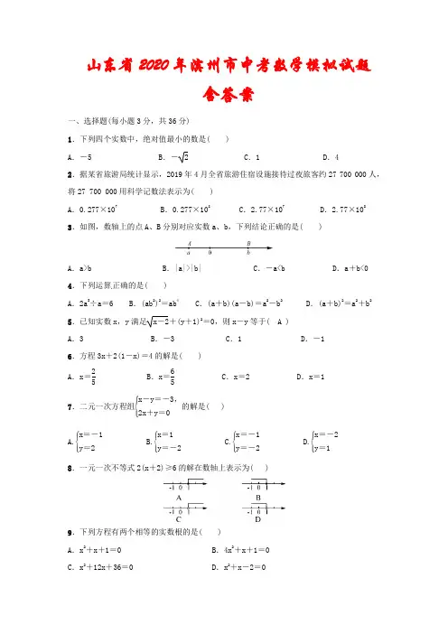 山东省2020年滨州市中考数学模拟试题 (含答案)