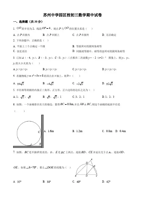 2022-2023学年江苏省苏州市苏州中学九年级上学期期中考数学试卷含详解