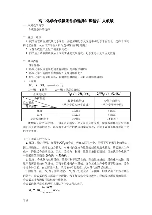 高二化学合成氨条件的选择知识精讲 人教版