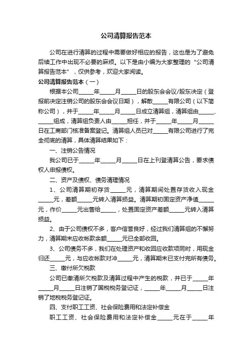 公司清算报告范本