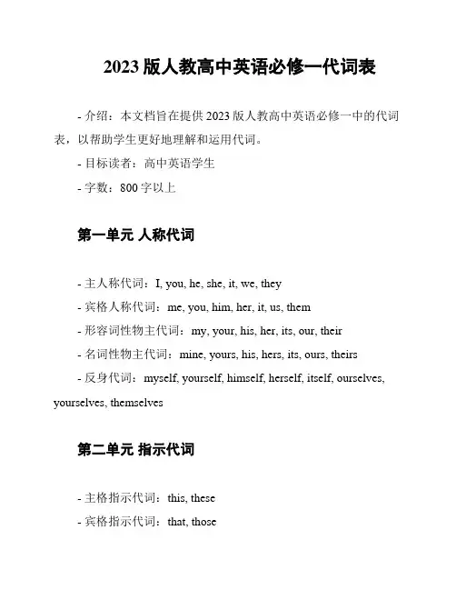 2023版人教高中英语必修一代词表