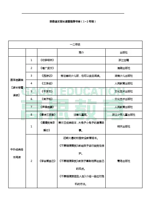 思语泉韵家长课堂推荐书单(1~2年级)