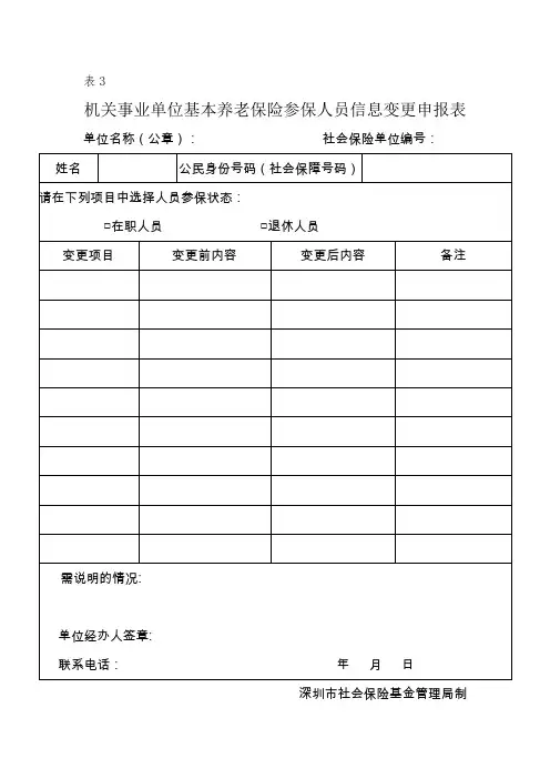 机关事业单位基本养老保险参保人员信息变更申报表
