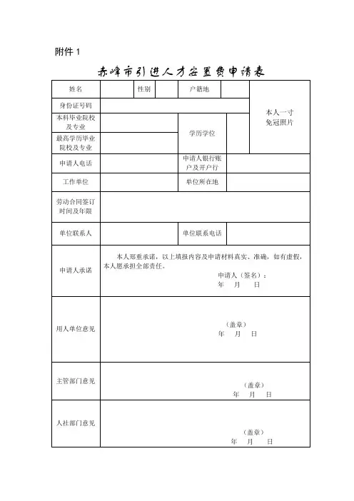 赤峰市引进人才安置费申请表