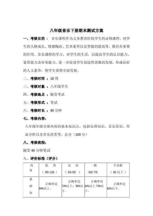 八年级音乐下册期末检测方案