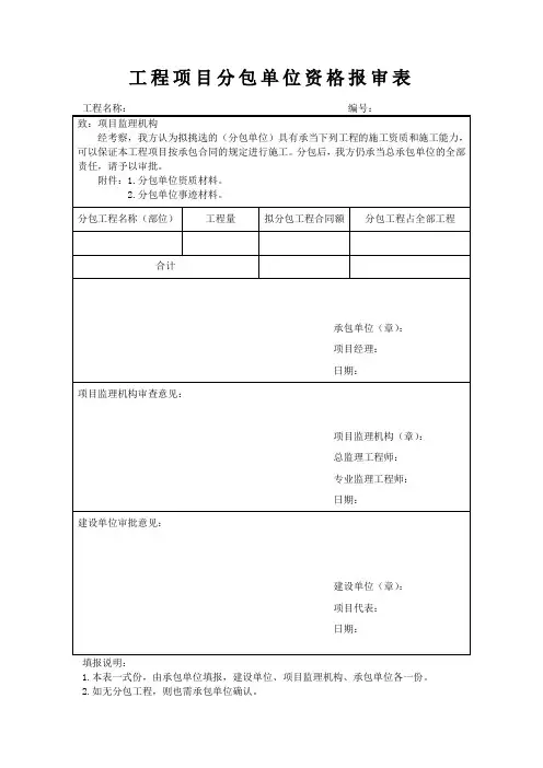 工程项目分包单位资格报审表