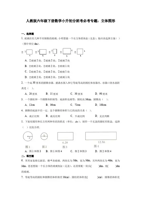 人教版六年级下册数学小升初分班考必考专题 ： 立体图形