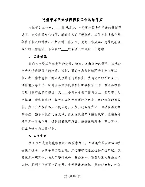 电解铝车间维修班班长工作总结范文（二篇）