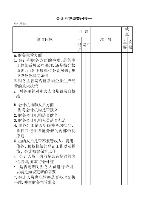 财务表格会计系统调查问卷