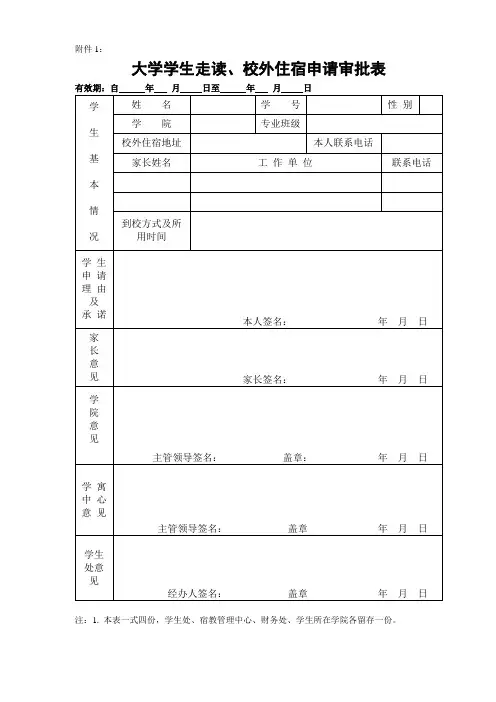 大学学生走读、校外住宿申请审批表