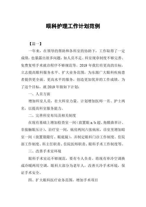 眼科护理工作计划范例