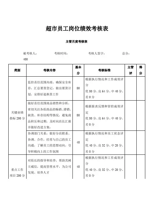 超市员工岗位绩效考核表