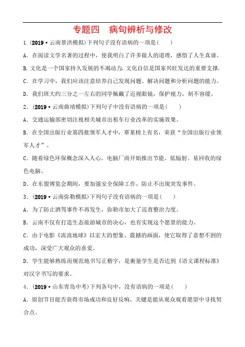 初中语文中考  病句辨析与修改专题练习
