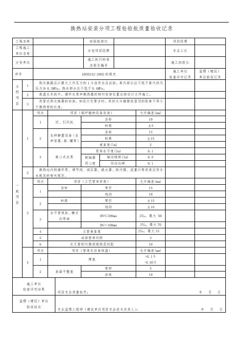 换热站安装分项工程检验批质量验收记录