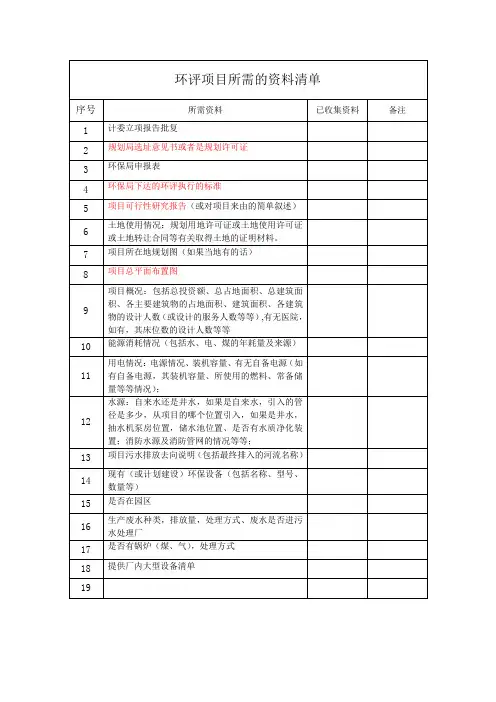环评项目所需基础资料清单