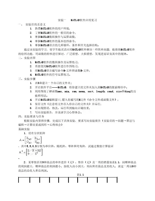 实验一   MATLAB软件应用复习含具体答案