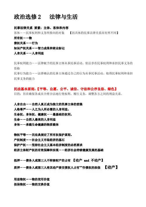高中政治选修2法律与生活 知识清单与框架