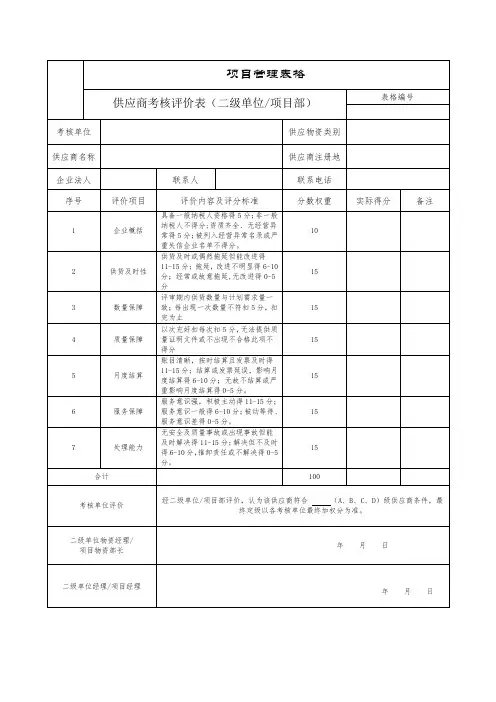 项目供应商月度考察评价表