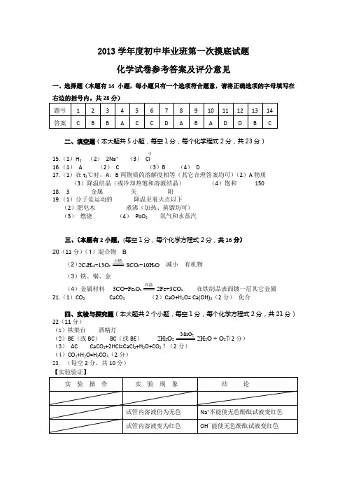 2013学年度初中毕业班第一次摸底试题参考答案
