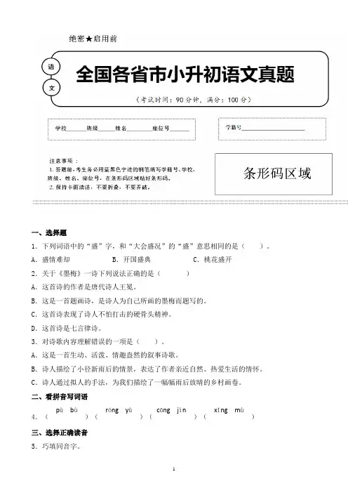 【小升初】2020年广东省汕头市小升初语文毕业会考试题含答案(全网唯一)