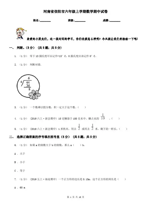 河南省信阳市六年级上学期数学期中试卷