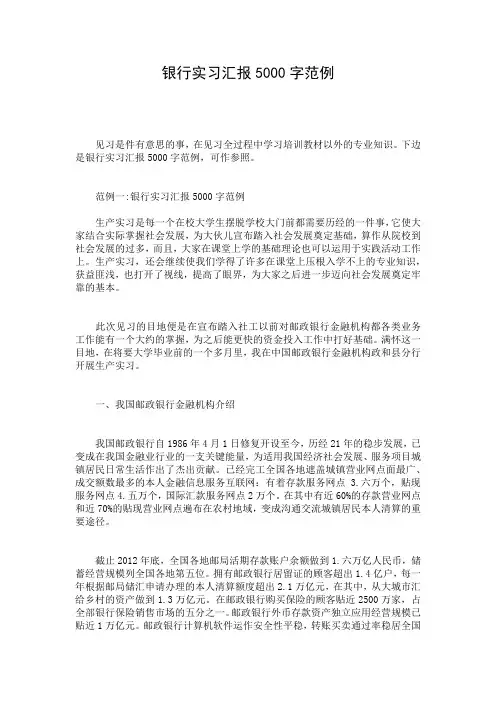 银行实习汇报5000字范例