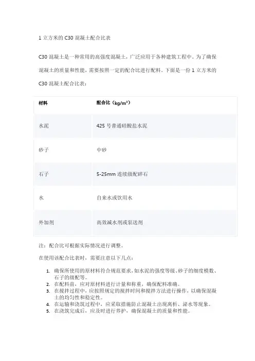 1立方c30混凝土配合比表